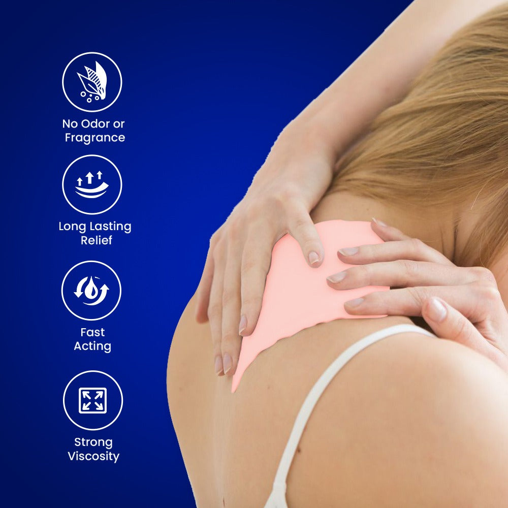 Woman with a backache receiving relief, with product features listed on a blue background