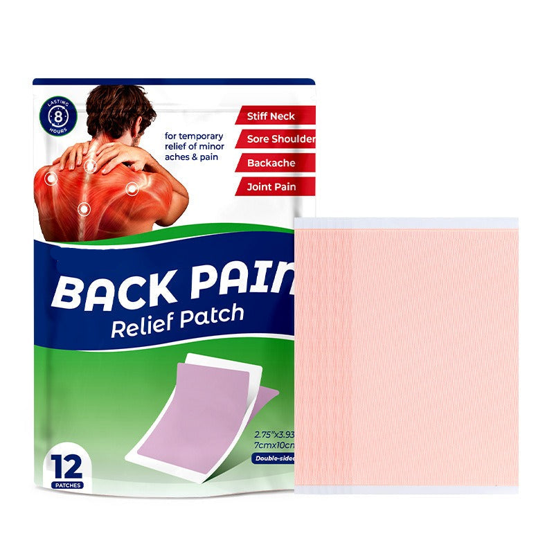 Back pain relief patch packaging with a pink patch on a white background