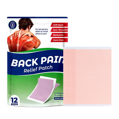 Back pain relief patch packaging with a pink patch on a white background