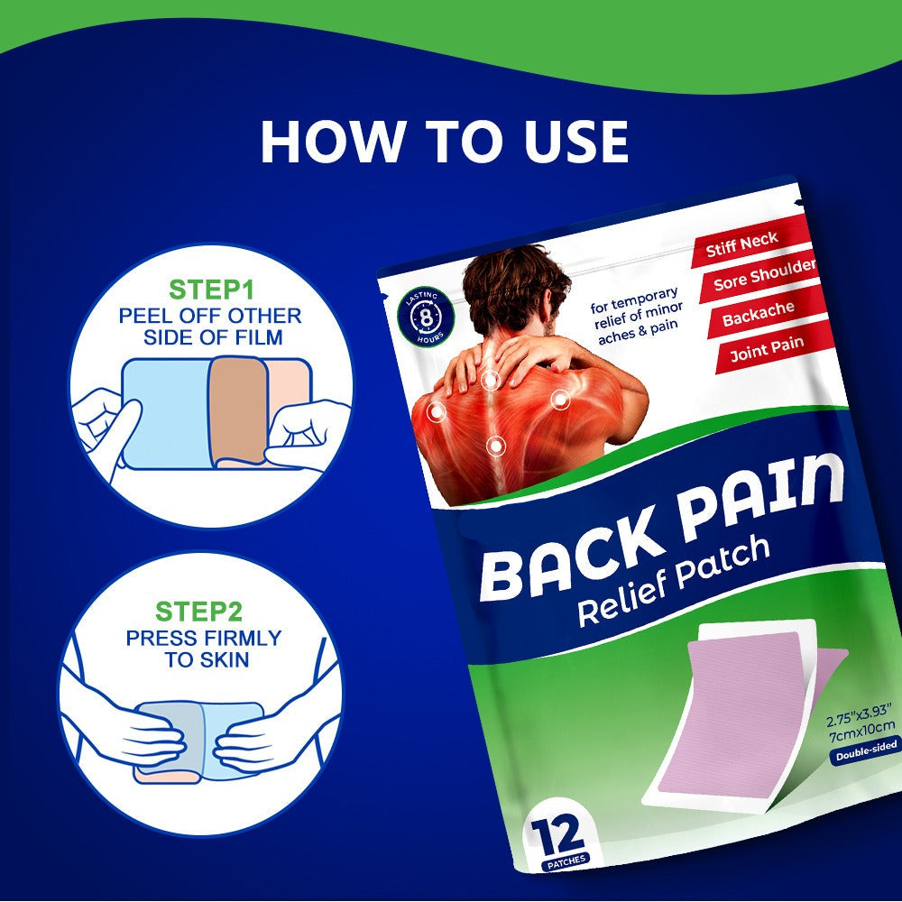 Back pain relief patch packaging with usage instructions on a blue and green background