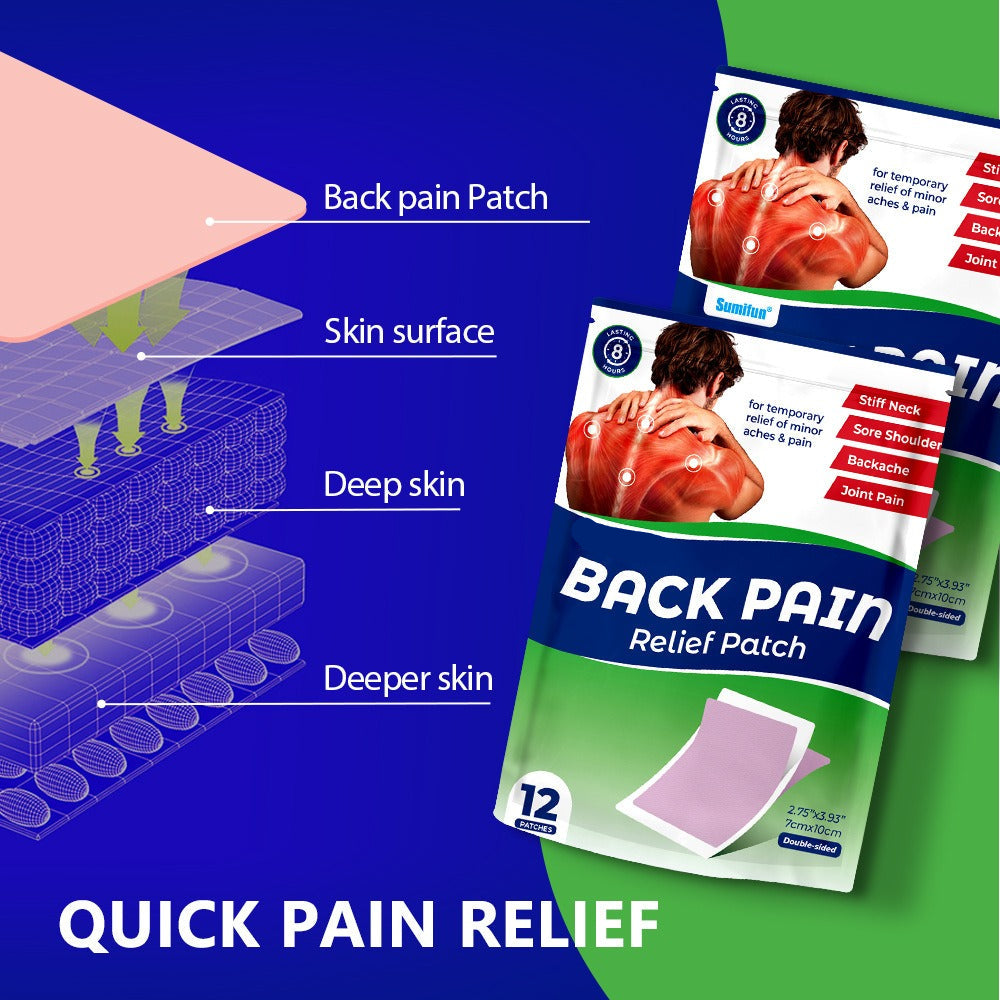 Back pain relief patch packaging with diagram and text on a blue and green background