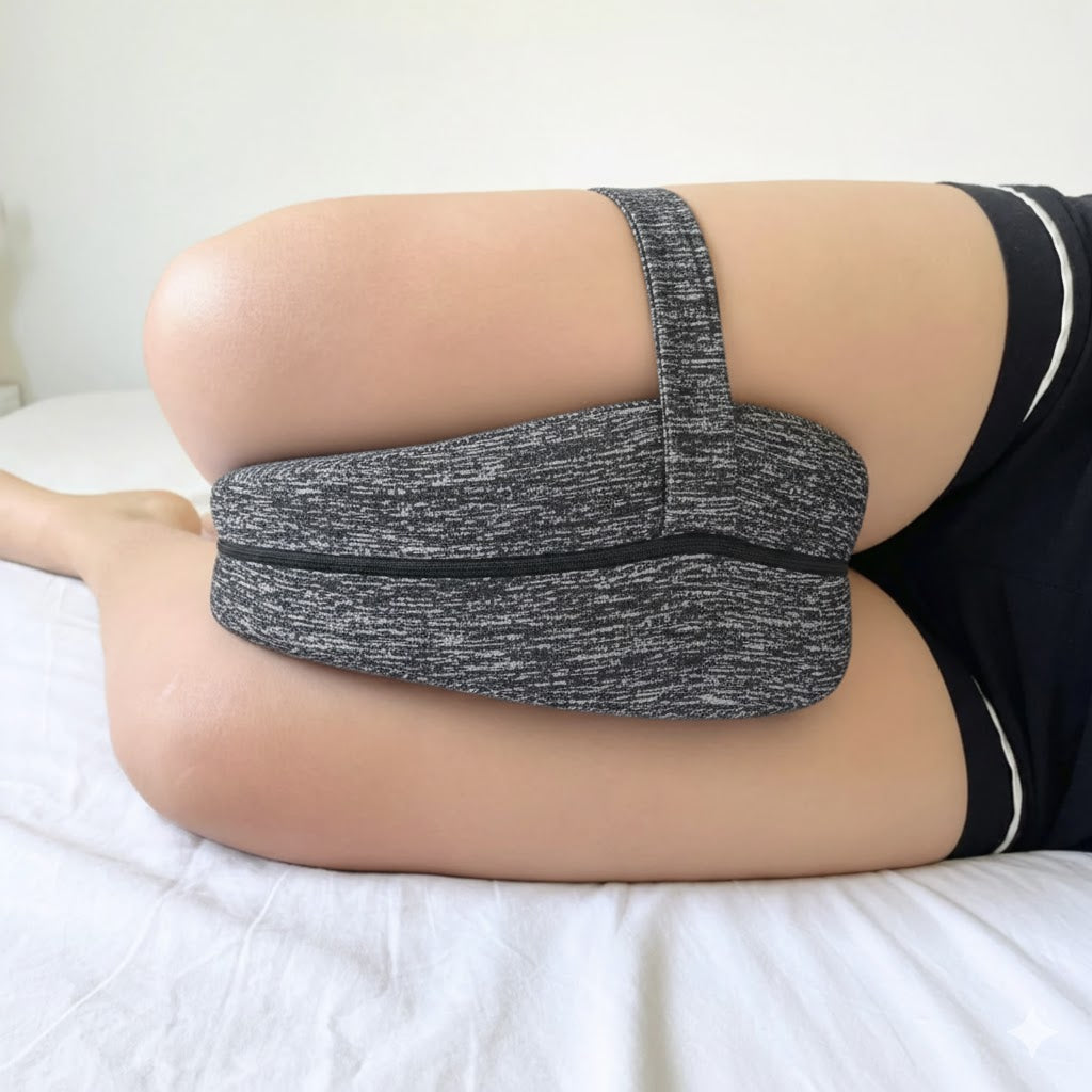 Person wearing a gray compression stocking on one leg against a white background