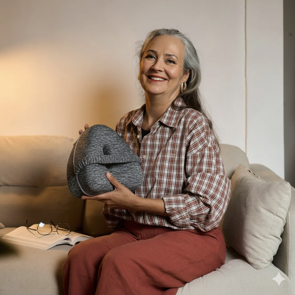 Woman sitting on a couch holding a gray bag, smiling.