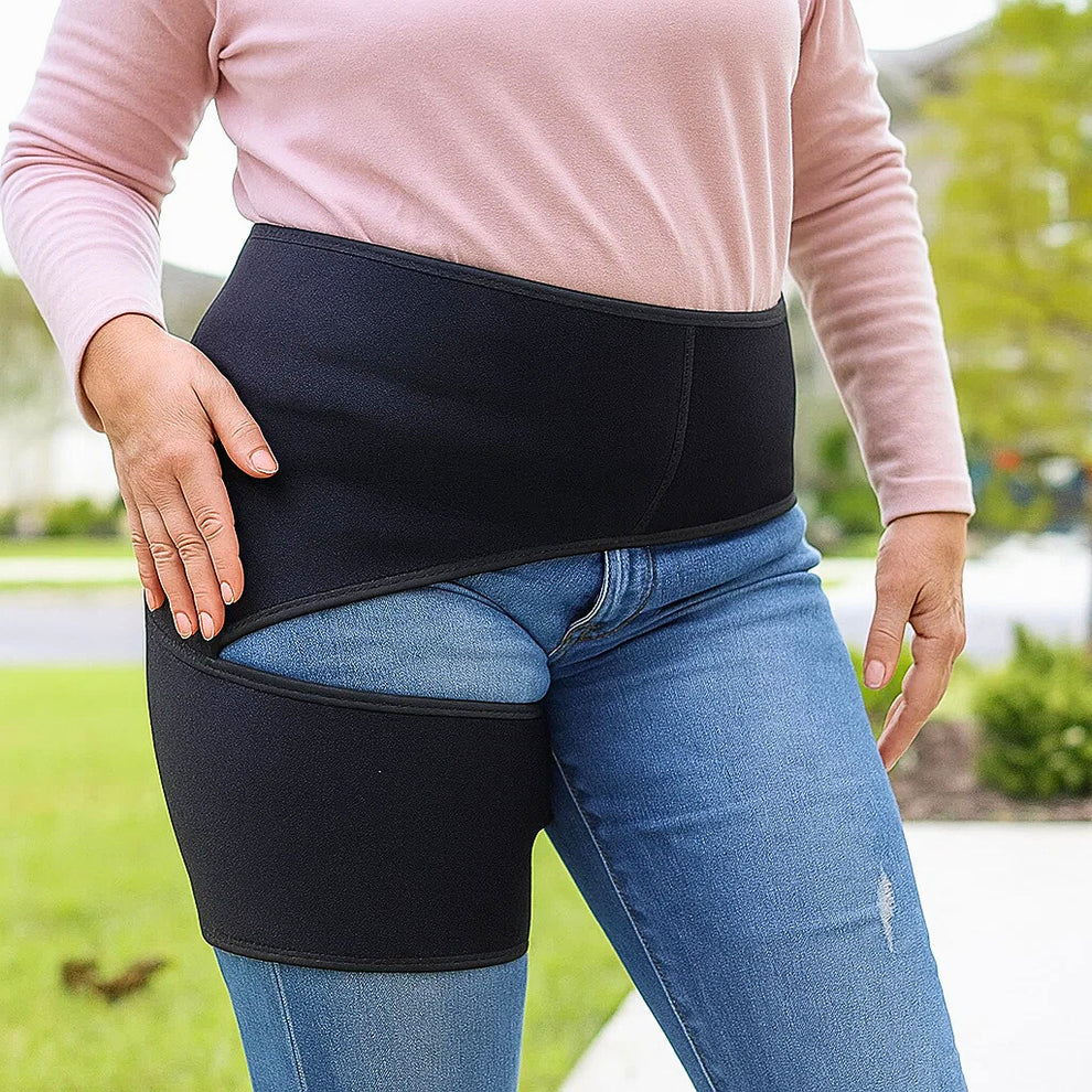 Person wearing a black waist support belt outdoors