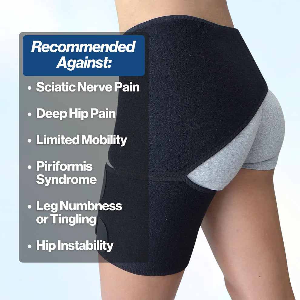 Person wearing a black knee brace with a list of conditions it is recommended against on a gray background
