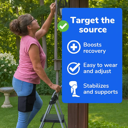 Woman on a ladder with a blue instructional sign about product benefits