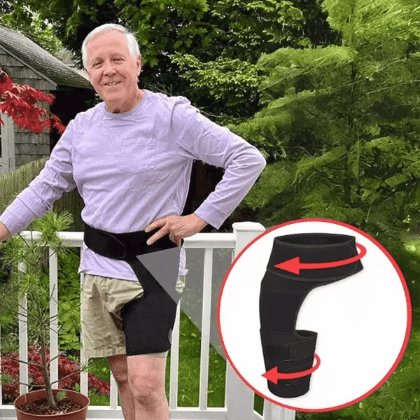 Man wearing a black waist support belt outdoors with an inset showing the product's design.
